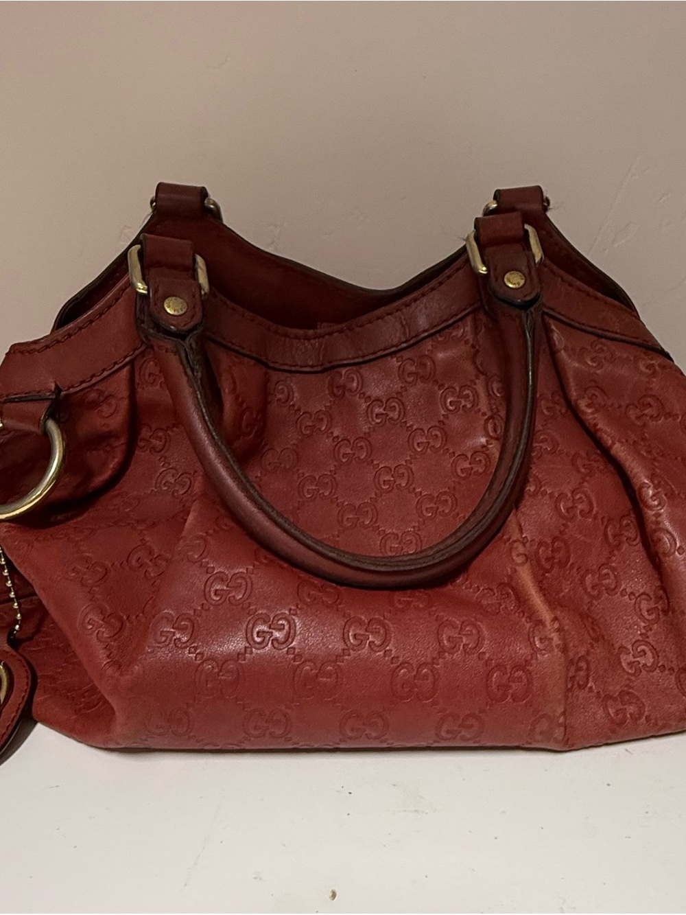 Gucci Red Leather Monogram Shoulder Bag with Gold-Tone Hardware